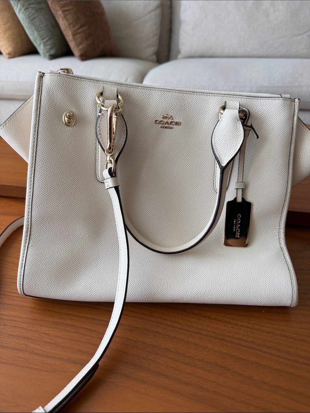 Coach Cream Pebbled Leather Satchel with Gold Hardware